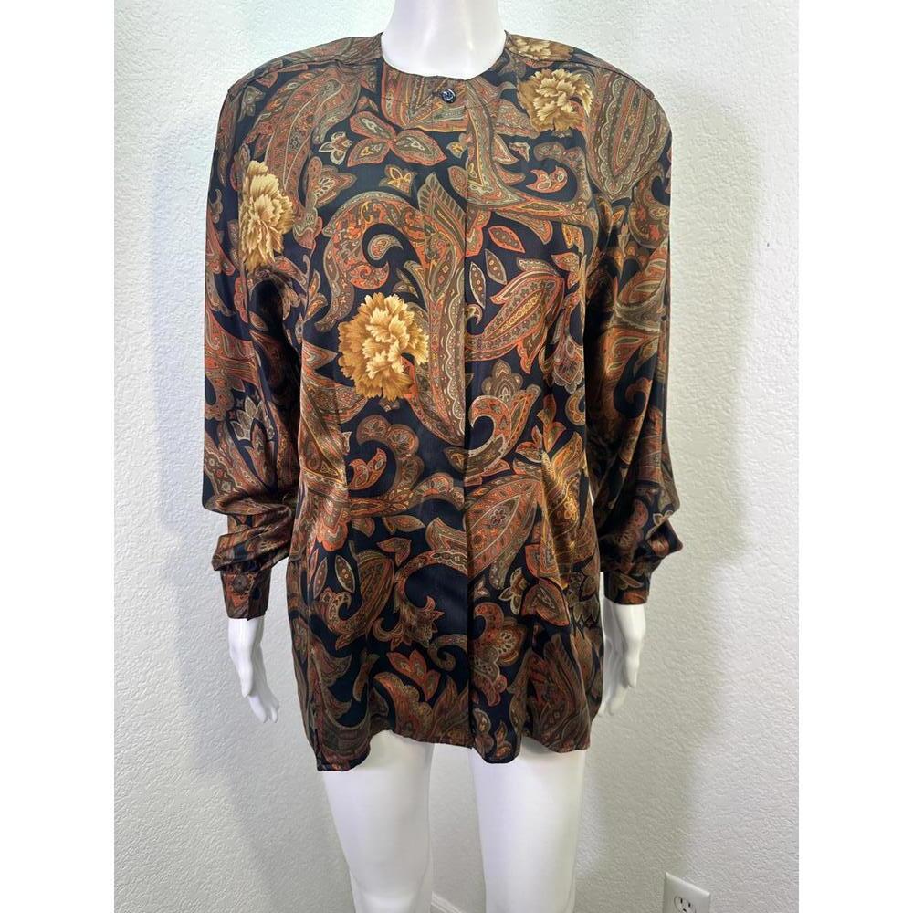 Vtg Sz 40 Escada 100% Silk Brown Black Paisley Long Sleeve Shirt Button Up